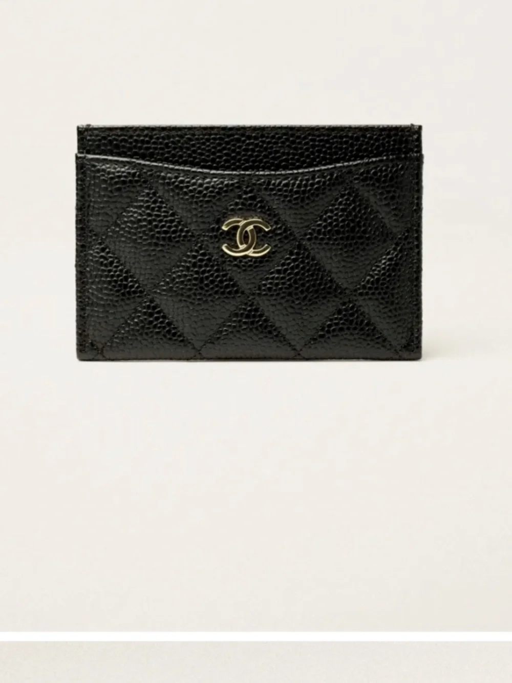 CHANEL Black Quilted Caviar Leather Card Holder with Silver CC logo